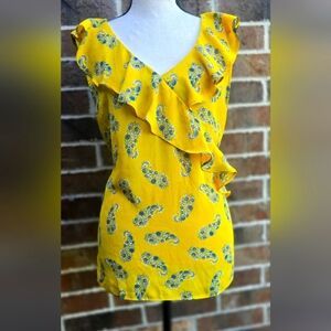 Vibrant Yellow Ruffled Blouse with Blue Paisly Print